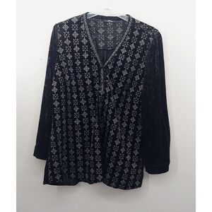 Andree by Unit Velvet Top Womens 2X Black Embroidered Tunic V Neck Flowy Velour